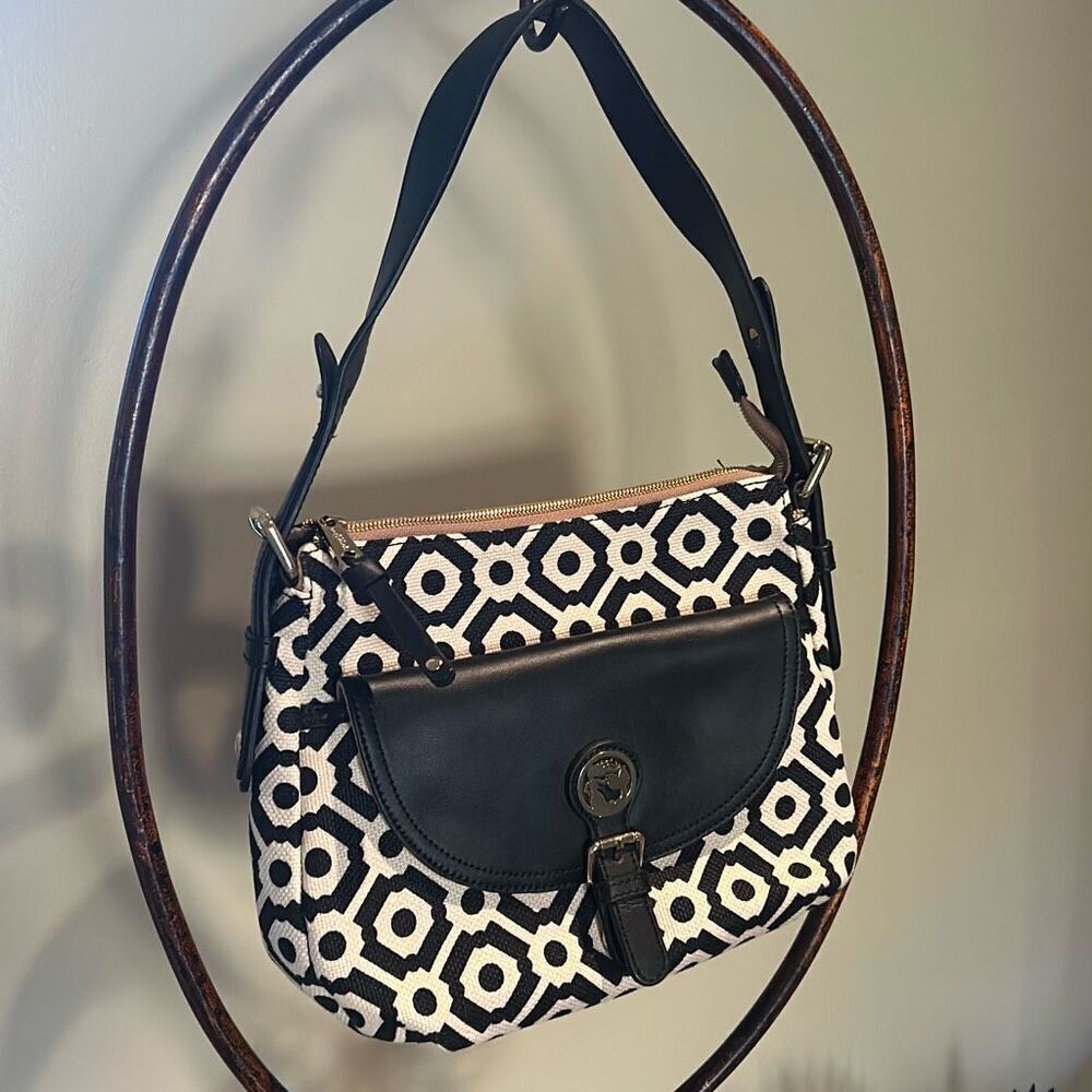 SPARTINA 449 Daufuskie Island Black / Beige Linen And Leather Shoulder Bag 12x10